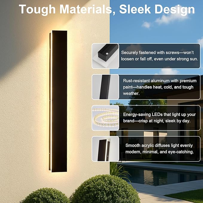 Modern Outdoor Lights - 3000K 47.3inch Linear Exterior Sconce Lighting Waterproof Wall Mount Black Led Long Wall Porch Light Fixture for House Garage Garden Front Door Patios(4.72 Inch Wide)
