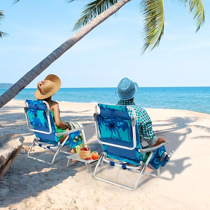 Giantex Folding Beach Chair Patio Sling Chairs with 5 Adjustable Position Head Pillow Storage Bag Towel Bar Cup Holders Backpack Chairs for Sunbathing Camping Chair