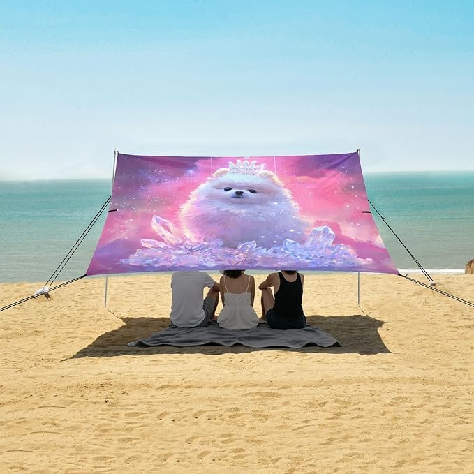 ALAZA Pomeranian Dog Puppy Beach Tent Sun Shelter UPF50+ Protection Beach Shade Canopy w/ 4 Sandbags for Outdoor Camping Fishing Backyard Fun Picnic 10x9 ft
