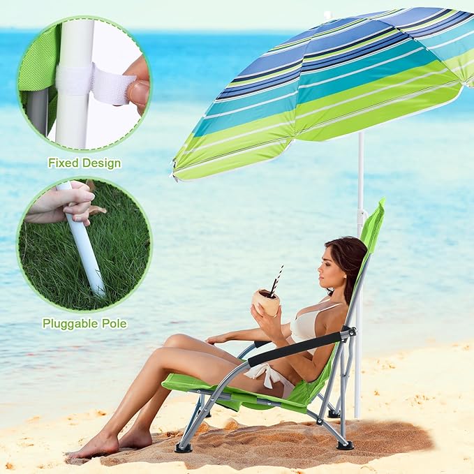 Huwena 2 Pack Beach Chair for Adult with 2 Umbrella Low Folding Chair Detachable Adjustable Lightweight with Armrests Cup Holder Carry Bag Portable for Sand Camping Travel Outdoor Pool(Fruit Green)