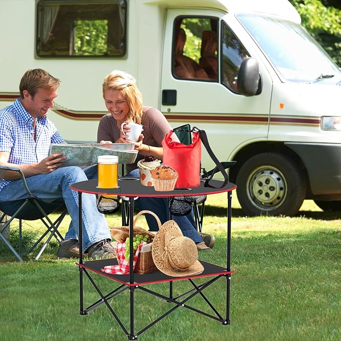 HiiPeak Camping Table Folding Picnic Table with 4 Cup Holders and Carrying Bag Portable Camp Table with Handle Design for BBQ Outdoor Fishing Beach Picnic Travel Camping Essentials Black Table