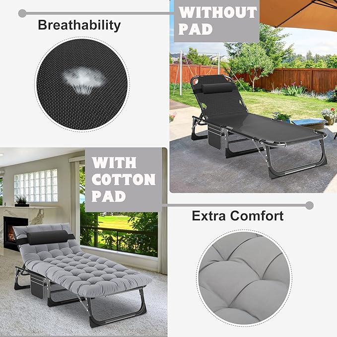ABORON 5 Positions Camping Cots for AdultsOutdoor Folding Sleeping Cot/MatFolding Chaise Lounge Chair with PillowPortable Reclining Chair for Beach Lawn Camping PoolSunbathing Chairs