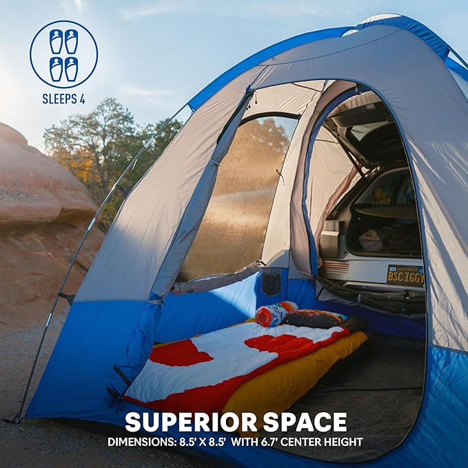 Napier Sportz Hatchback and Small CUV Tent 8'x8' Waterproof Camping Tent with Awning 4 Person Blue/Grey Car Tent