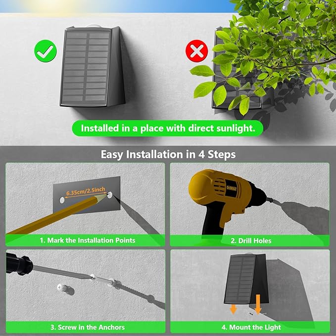 2 Pack Solar Wall Lights Outdoor Waterproof Up and Down 2 LED Fence Sconce for House Patio Porch Yard Garden Garage and Pool for Security and Decorative Lighting Wall Mounted Install(Warm White)
