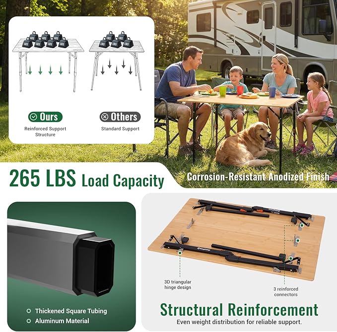 KingCamp 4-Fold Bamboo Camping Table with Serrated Adjustable Legs (16.5 to 27.6) Heavy-Duty Aluminum Frame &amp Carry Bag for Outdoor RV Picnic Beach