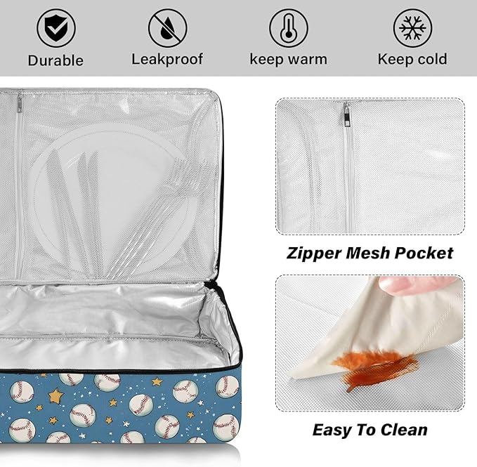 Casserole Carrier Baseballs and StarInsulated Casserole Carrier for Hot or Cold Food Thermal Lunch Tote for Potluck Parties Picnic Beach Fits 9 x 13 Inches Baking Dish
