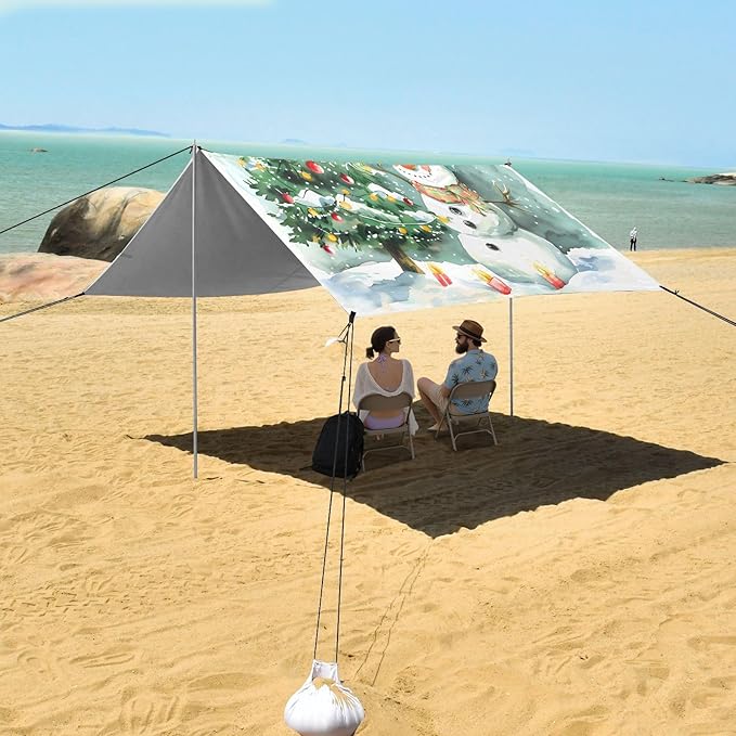 ALAZA Christmas Snowman Tree Beach Tent Sun Shelter UPF50+ Protection Beach Shade Canopy w/ 4 Sandbags for Outdoor Camping Fishing Backyard Fun Picnic 10x9 ft