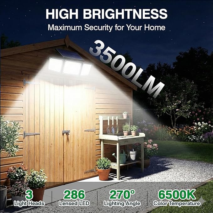 Solar Outdoor Lights Motion Sensor 3500LM 286 LED Security Flood Lights with Visual Battery &amp Mode Display 3 Lighting Modes IP65 Waterproof 3-Head Wide Angle for Garage Yard Patio (4 Pack)