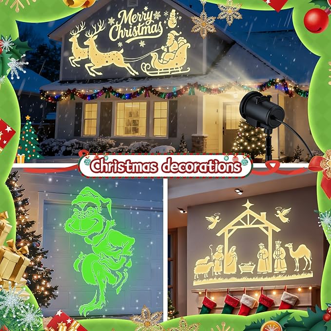 12 in 1 Christmas Projector Lights Outdoor 3D Dynamic Santa Sleigh/Nativity/Green Monster/Ghost/Spider/Bat Christmas DecorNight Lights for Party Home Window Wall Holiday Decor