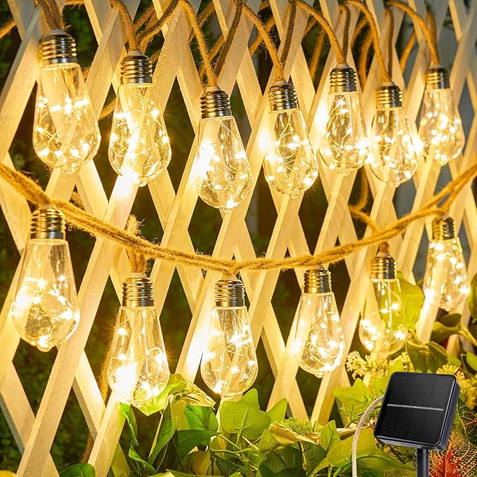 Brightown 30FT Solar String Lights Outdoor with 15 Shatterproof Bulbs 8 Light Modes Vintage Hemp Rope LED Patio Lights Waterproof Hanging Lights for Porch Garden Café Bistro Decor Warm White