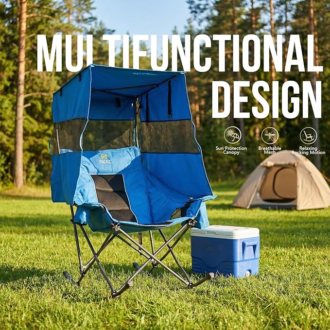 Nice C Rocking Camping Chair with Canopy XL Oversized Folding Rocker for Adult Outdoor Umbrella Chairs with Shade with Cup Holder Cooler Bag Carry Bag for Sports Patio Backyard (1 Pack Blue)