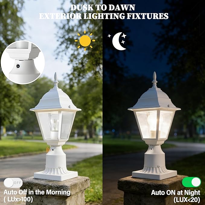 Outdoor Post Lights 2 Pack Dusk to Dawn with Photocell Waterproof Exterior Post Light Fixture 5.9” Pier Mount Base White Aluminum Post Lantern with Clear Glass