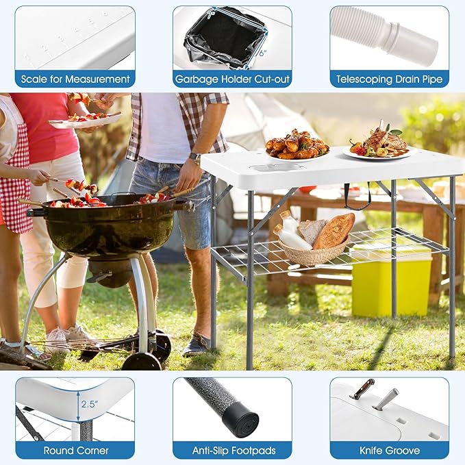 Goplus 40'' Folding Fish Cleaning Table with Dual Water Basins Faucet Drainage Hose &amp Sprayer Portable Camping Sink Table Outdoor Fish Fillet Cleaning Station with Grid Rack for Picnic