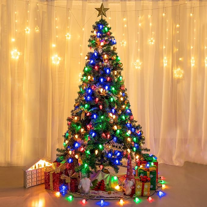 AWQ 100LED 81 FT C9 Christmas String Lights Plug in Fairy Twinkle String Lights 8 Modes Timer Function Waterproof Extendable for Indoor Outdoor Wedding Party Christmas Decoration (100 Multicolor)