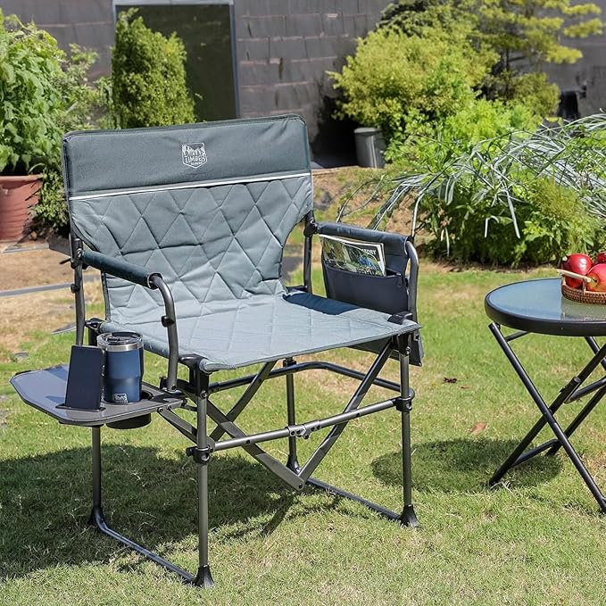 TIMBER RIDGE Aluminum Camping Directors Chair with Side Table Pocket Portable Folding Chair Heavy Duty Lawn Chair for Fishing Trip Picnic Concert Outdoor 400lbs Grey 2 Pack