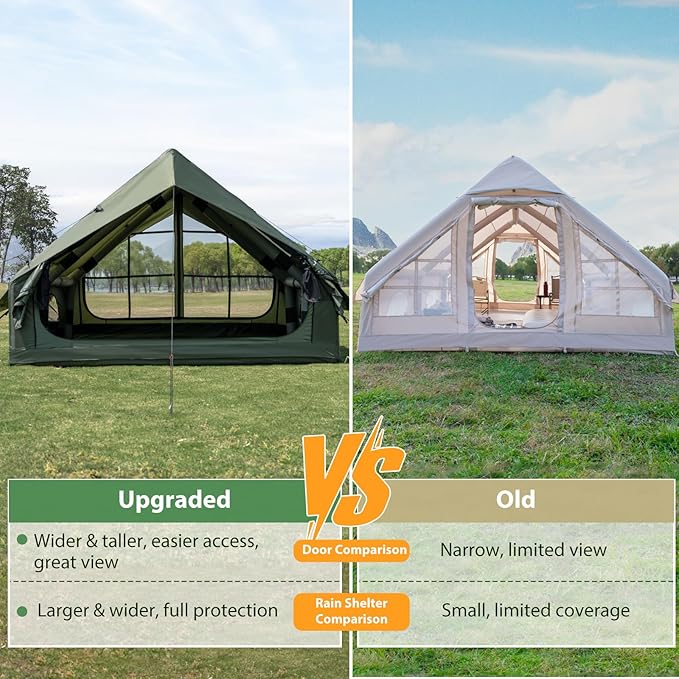 Inflatable Camping Tent with Hand Pump Waterproof Outdoor Blow up Tent 2-8 Person Oxford 4 Season Glamping Air Tent Cabin House with Mesh Windows &amp Door