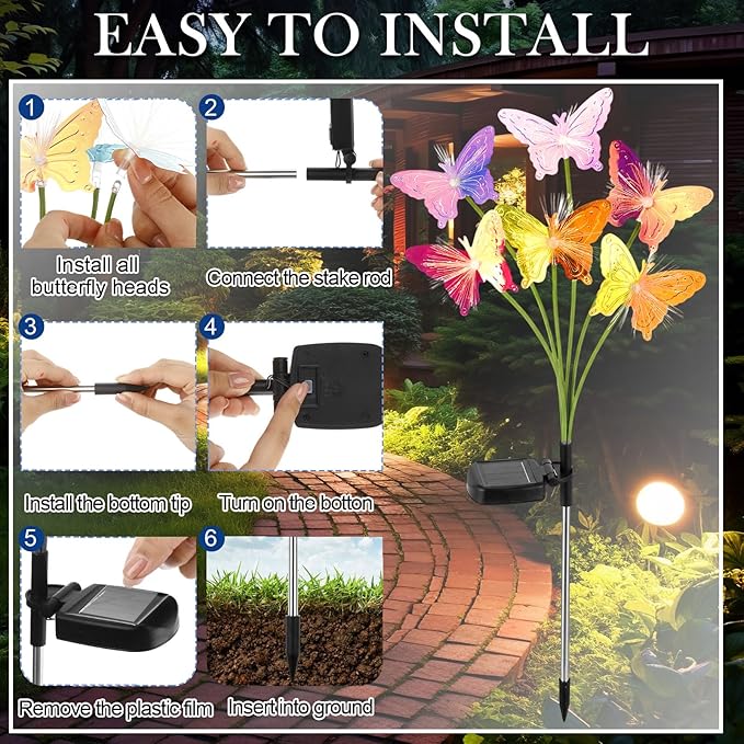 4 Pack Solar Butterfly Lights Outdoor Garden 6 Head Solar Swaying Pathway Stake Lights Waterproof for Yard Lawn Patio Walkway Landscape Decor