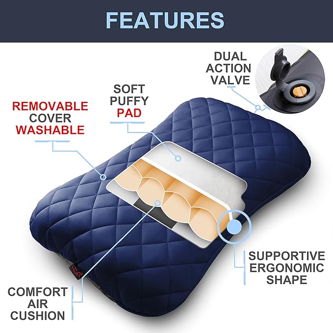 XL Inflatable Camping Pillow ELuxe w. Removable Padded Cover | X-Foam Comfortable Washable Ultralight Portable Neck Lumbar Support | Backpacking Hiking Travel Air | X-Large (Ocean Blue)