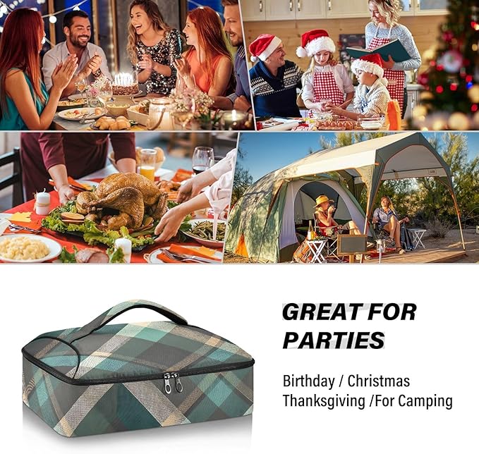 Casserole Carrier Green Brown Tartan Pattern Print Insulated Casserole Carrier for Hot or Cold Food Thermal Lunch Tote for Parties Picnic Travel Carry Bag