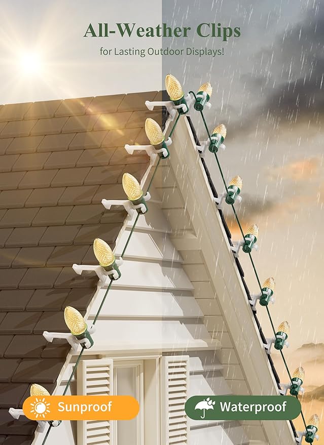Minetom 100 Pack All-in-One Christmas Light Clip for C7 C9 Christmas String Lights Christmas Light Plastic Clips for Roof and Gutter Shingle Clips Outdoor