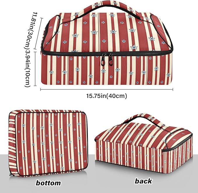 Casserole Carrier Striped Blue StarsInsulated Casserole Carrier for Hot or Cold Food Thermal Lunch Tote for Potluck Parties Picnic Beach Fits 9 x 13 Inches Baking Dish