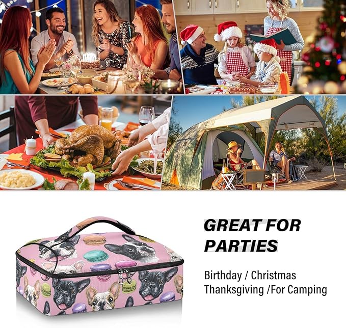 Casserole Carrier Pattern Bulldog FacesInsulated Casserole Carrier for Hot or Cold Food Thermal Lunch Tote for Potluck Parties Picnic Beach Fits 9 x 13 Inches Baking Dish