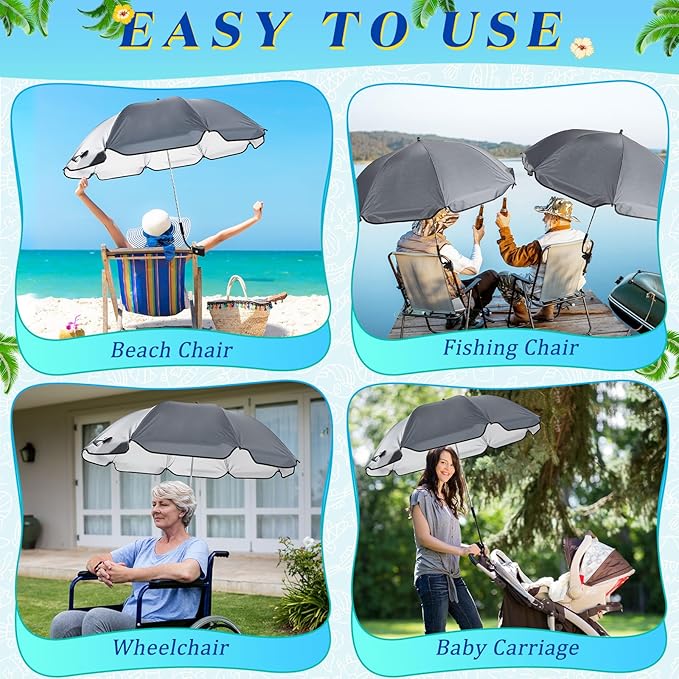 Buryeah 2 Pcs Automatic Chair Umbrella with Universal Clamp 44 UPF 50+ Portable Clamp on Beach Chair Adjustable Wheelchair Umbrella for Outdoor Patio Parasol