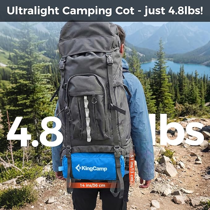 KingCamp Ultralight Camping Cot Portable Folding Tent Camping Cot 265 Lbs Heavy Duty Sleeping Cot with Pillow for Adults Outdoor Backpacking Travel Hiking Blue