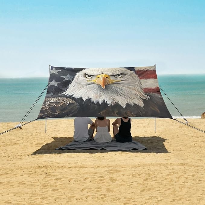 Beach Tent Sun Shelter Fair Bald Eagle Flag Lightweight &amp Easy Setup Beach Shade Canopy for Camping Fishing