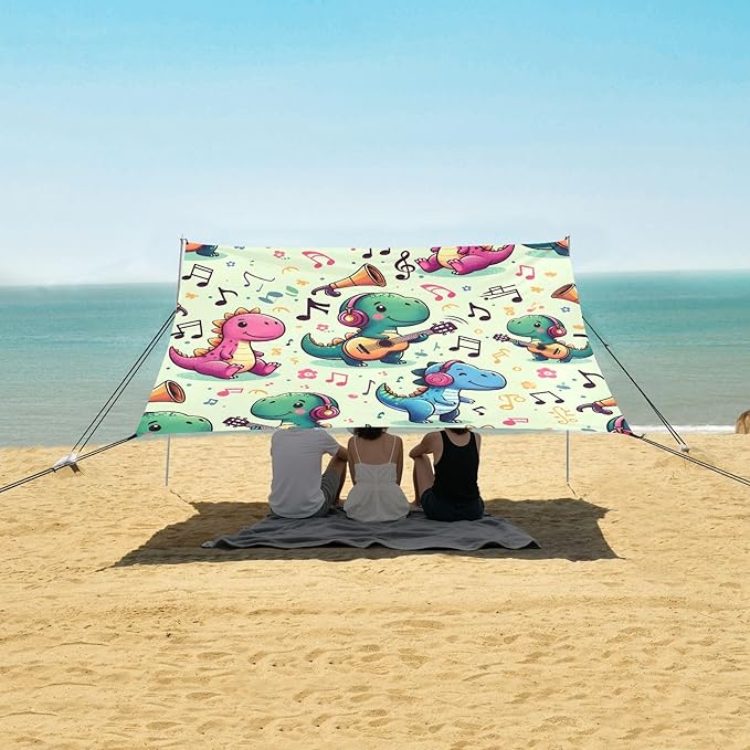 Camping Sun Shelters Cute Dinosaur Playing Music Beach Canopy 126 * 110.2in