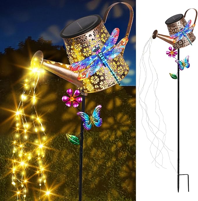Solar Watering Can with Lights Outdoor Garden 41in Large Dragonfly Garden Stake Lights Waterproof Decoration for Yard Lawn Pathway Gifts for Mom Grandma Women Birthday Gardening Gift