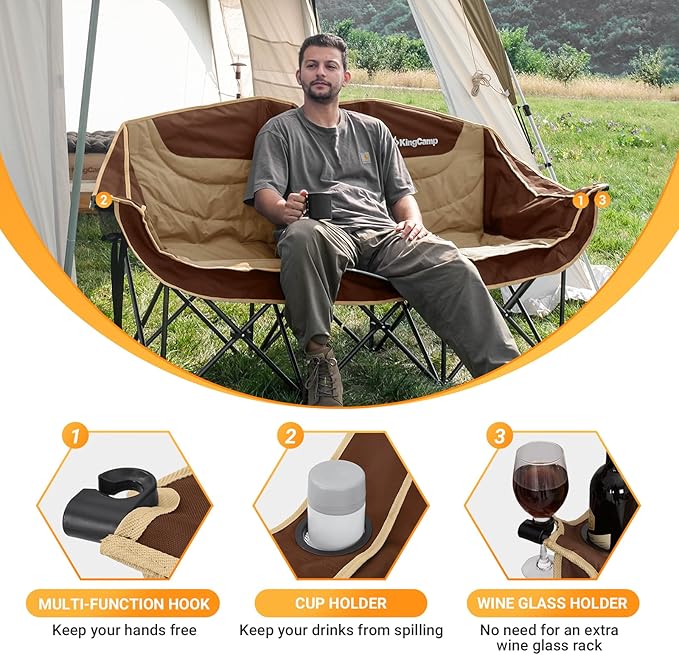 KingCamp 3 Person Camping Chair Oversized 660lbs Heavy Duty Loveseat for Adults Portable Folding XL 2 Person Couch Padded Comfortable Three Seat with Cup Holder for Outdoor Lawn Khaki/Coffee