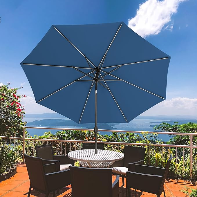 Sundale Outdoor Olefin 5-Year-Non-Fading Solar 80 LED 9 FT Solar Patio Umbrella with Sand Bag Base Outdoor Umbrella with Tilt and Crank Navy