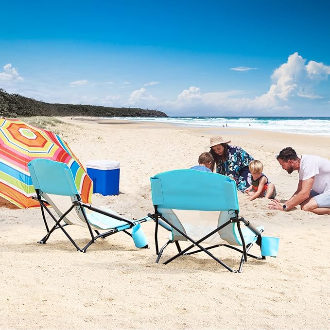 TOBTOS Low Beach Chair for Adults 2 Pack Low Profile Folding with Cup Holder &amp Carry Bag Heavy Duty Chair for Outdoor Sand Camping Concert Travel