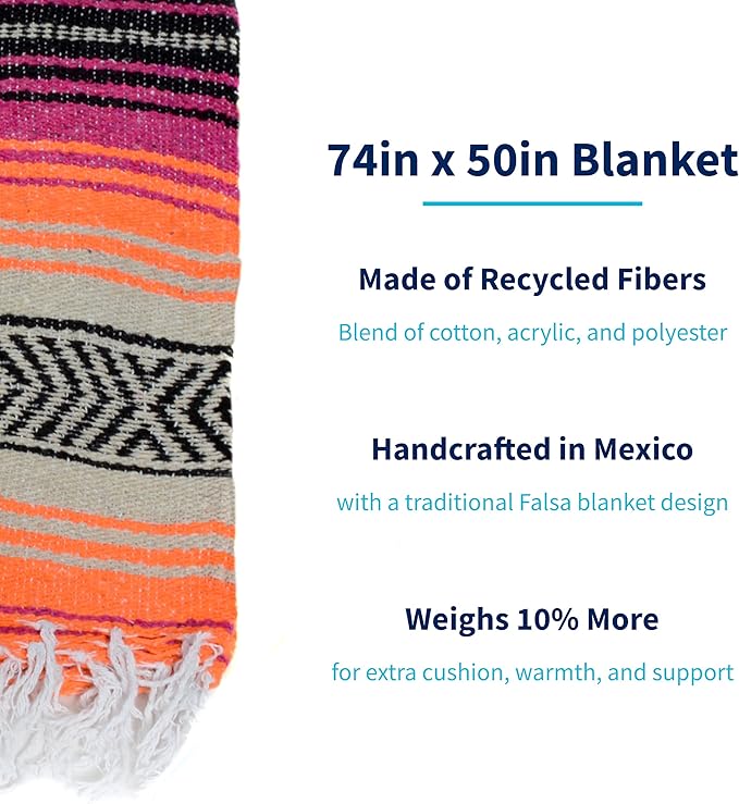 La Montana Mexican Blankets and Throws 4 Pack 74x50 - Made in Mexico Lightweight Yoga Blanket for Schools Studios Outdoors Camping Picnic Decor - Machine Washable Hot Pink/Orange/Tan