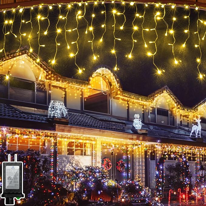 66FT 670 LED Christmas Lights 148 Ice Drops 12 Modes and Timer Memory Dimmable Outdoor Waterproof Hanging String Light for Xmas Holiday Wedding Garden Fence House Tree Outside Decor (Warm White)
