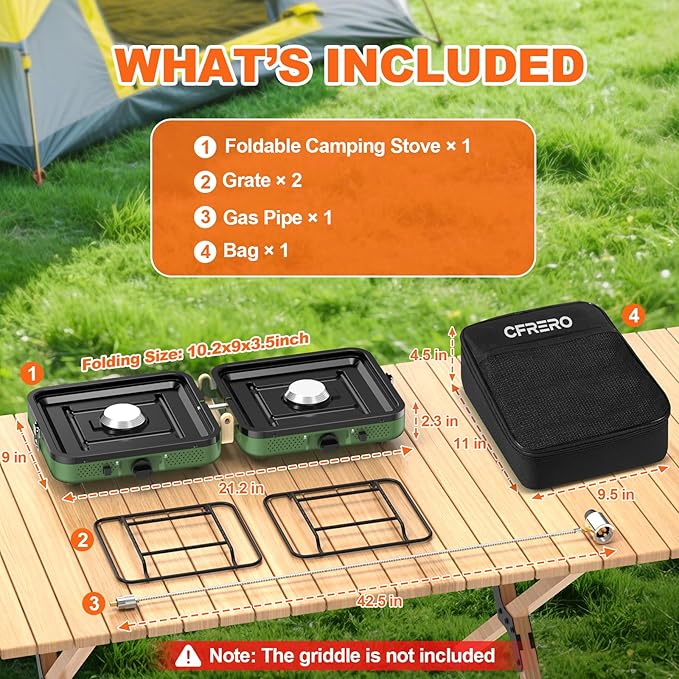 Propane 2-Burner Foldable Camping Stove with Carry Bag Portable Propane Camp Stoves with Adjustable Burners &amp Piezo Ignition for Outdoor Cooking Tailgating Backyard Gathering(Griddle Not Includ