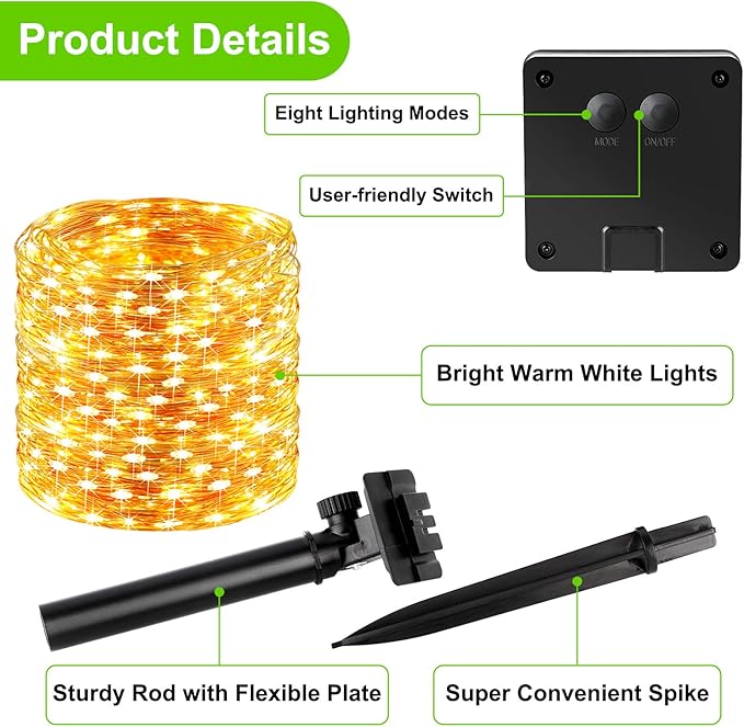 Brightever Outdoor Solar String Lights Waterproof 288Ft 4-Pack Each 72FT 200 LED Solar Powered Fairy Lights with 8 Lighting Modes Copper Wire Lights for Patio Garden Party Wedding (Warm White)