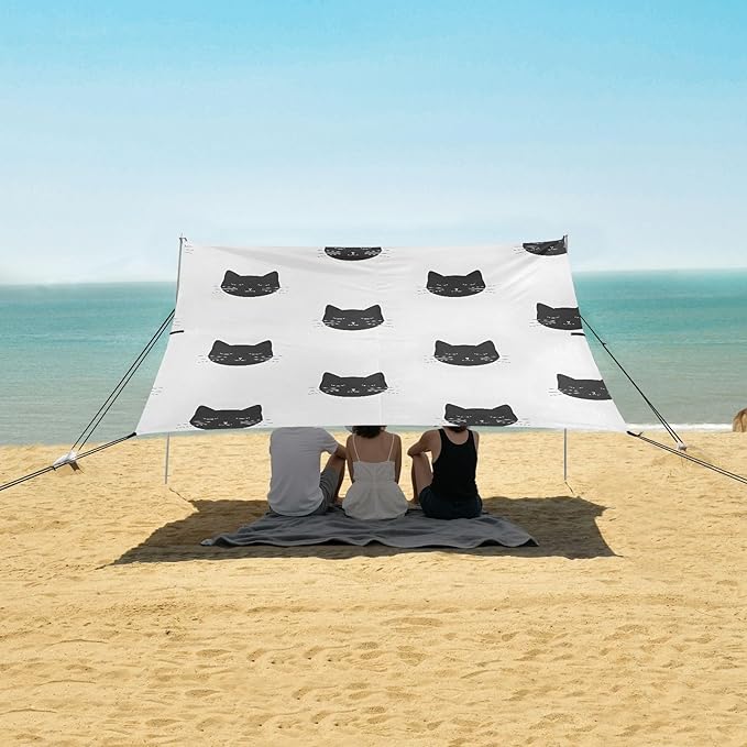 ALAZA Cat Black Kitten Beach Tent Sun Shelter UPF50+ Protection Beach Shade Canopy w/ 4 Sandbags for Outdoor Camping Fishing Backyard Fun Picnic 10x9 ft