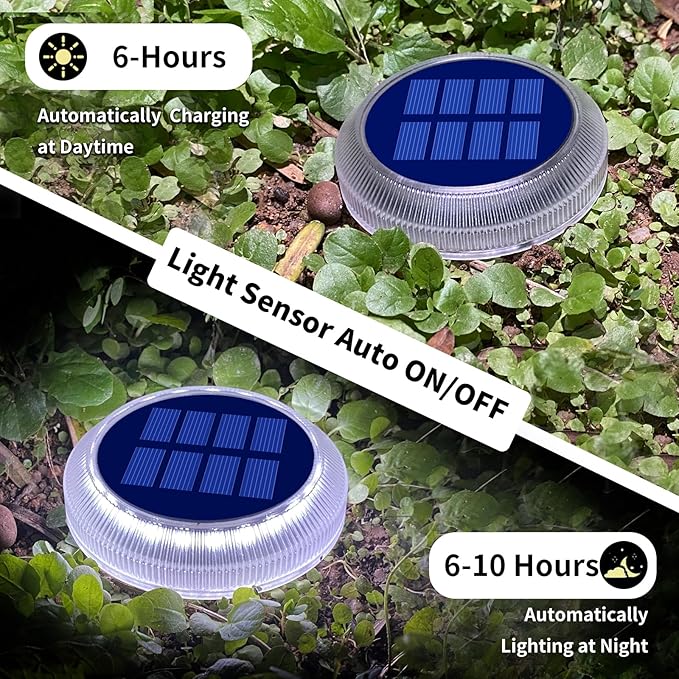 Solar Deck Lights Outdoor Waterproof 6 Pack White Round Deck Lights Solar Powered Flat Stick on Ground Disc Light for Outdoor Pathway Driveway Step Yard Dock Walkway Patio