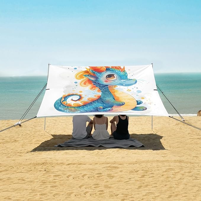 ALAZA Baby Dragon Cartoon Beach Tent Sun Shelter UPF50+ Protection Beach Shade Canopy w/ 4 Sandbags for Outdoor Camping Fishing Backyard Fun Picnic 10x9 ft