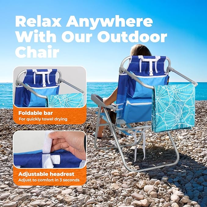 Tall Beach Chairs for Adults – 5-Position Reclining Backpack Chair with Large Insulated Cooler &amp Storage Pocket Aluminum Frame Portable for Travel &amp Outdoor Supports 300lbs Wave Blue