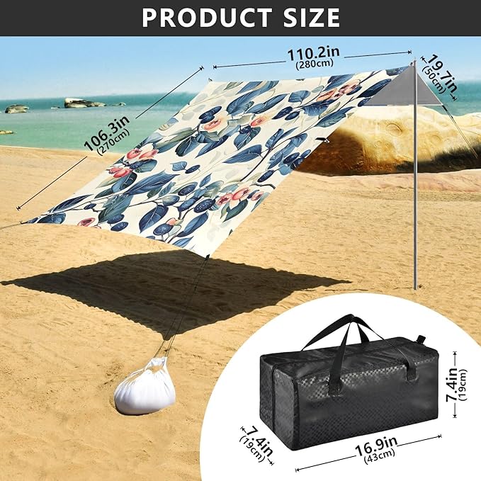 Beach Tent Sun Shelter Blueberry Flowers Lightweight &amp Easy Setup Beach Shade Canopy for Camping Fishing