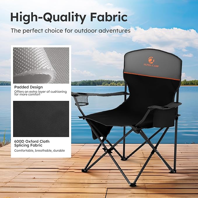 LET'S CAMP Camping Chair 2 Pack Folding Chair with 3-Can Cooler Bag Portable Lawn Chair with Cup HolderStorage Pocket Supports 225LBS Collapsible Chair for Camp Beach Picnic (Black)