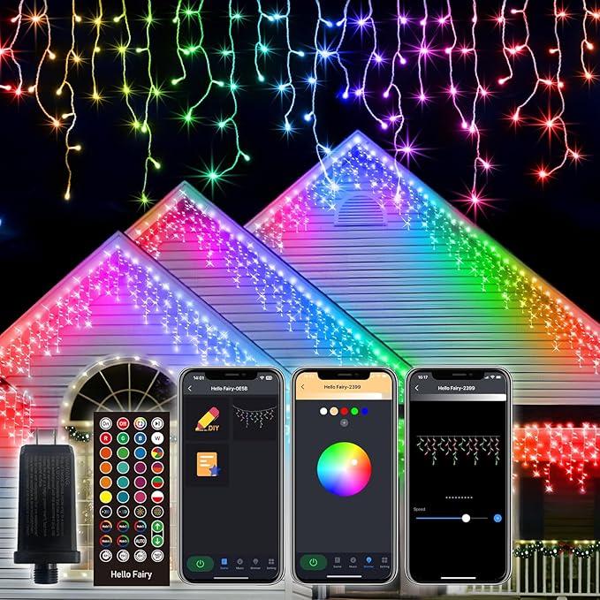 Smart RGB Icicle Lights Outside 33FT 299LED 69 Drops App &amp Remote Control Music Sync Waterproof Christmas Roof String Lights DIY Color Changing Holiday Yard Decorations for Patio Party Wedding