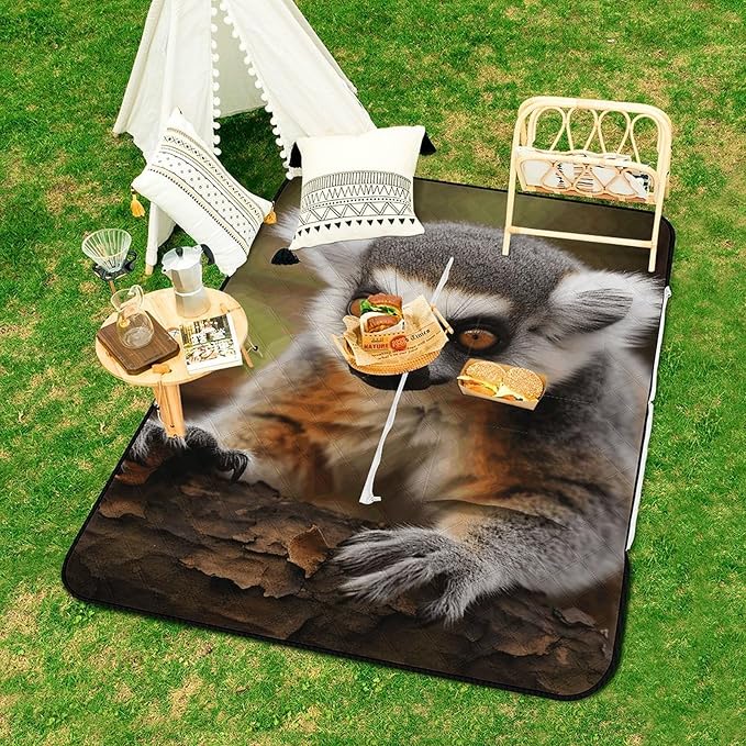 Zipper Monkey Lemur Cute Style Picnic Mat Suitable for Travel Camping Park Or Home Use