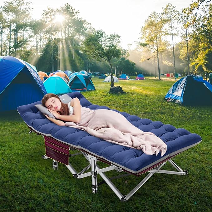 LILYPELLE Folding Camping Cot Extra Wide Heavy Duty Sleeping Cots with Carry Bag Double Layer Oxford Portable Travel Camp Cots for Home Office Nap and Outdoor Beach