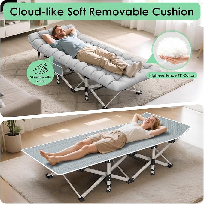 Suteck Camping Cot Folding Camping Cot Bed for Adults Sleeping 1200D Double Layer Oxford Portable Folding Outdoor Cots for Camping W/Soft Pad Carry Bag for Home Office Nap Beach Travel 500LBSGrey
