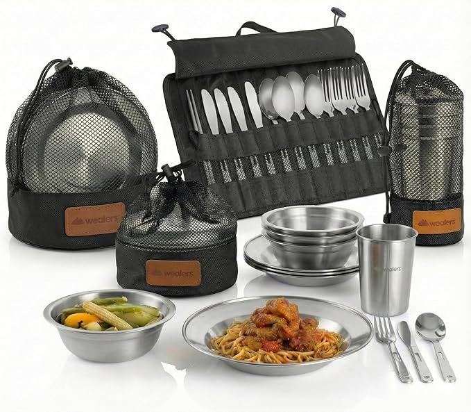 Wealers Unique Complete Messware Kit Polished Stainless Steel Dishes Set| Tableware| Dinnerware| Camping| Buffet| Includes - Cups | Plates| Bowls| Cutlery| Comes in Mesh Bags (4 Person Set)