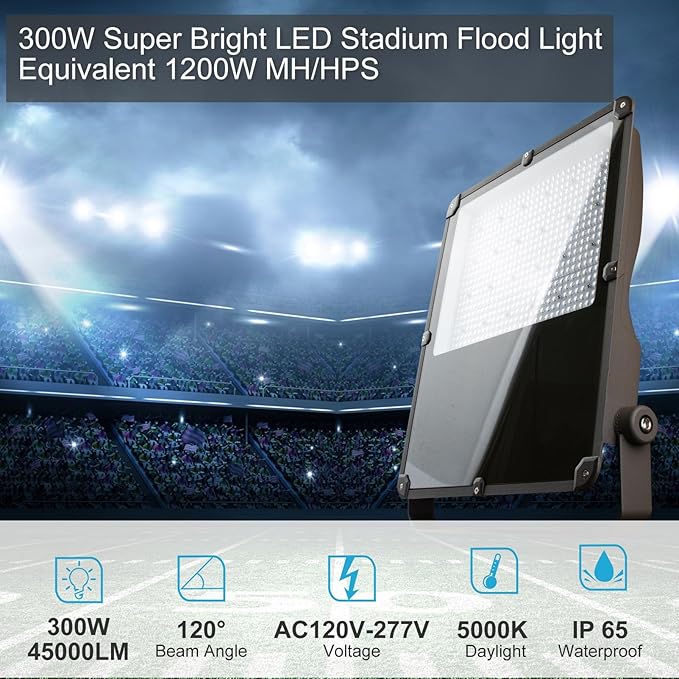 Lightdot 300W Outdoor Flood Lights AC100-277V LED Stadium Lights 45000Lm (1200W Eqv.) LED Flood Lights with Photocell IP65 Waterproof Area Lighting for Backyard/Stadium-4Pack 5Yrs Warranty